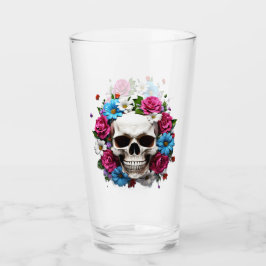 Skull with Red White and Blue Flowers タンブラーグラス