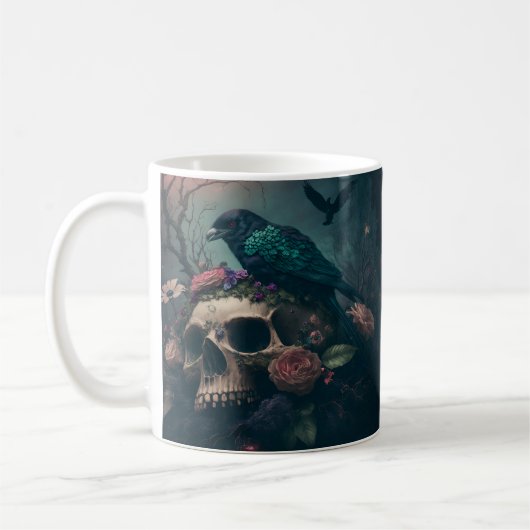Skull with Roses and Crow Goth Art コーヒーマグカップ (左)