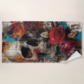 Skull with Roses Street Art Floral Grunge Design ビーチタオル (正面)