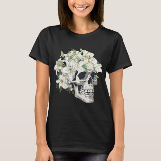 Skull with White Lilies  WOMEN'S T SHIRT Tシャツ (正面)