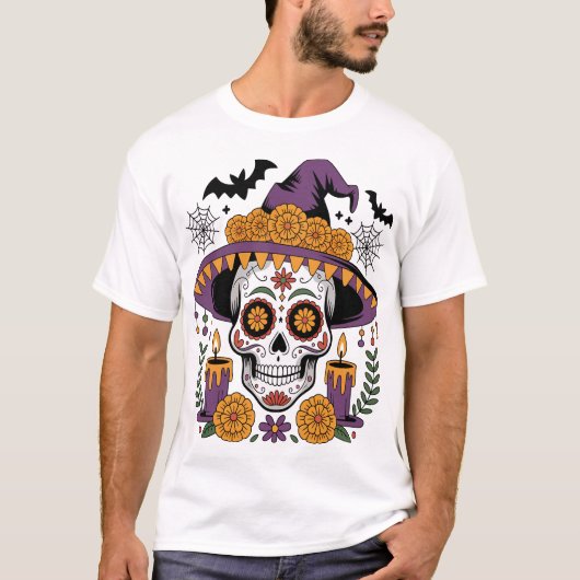 Skull with Witch Hat Halloween Vector Tシャツ (正面)