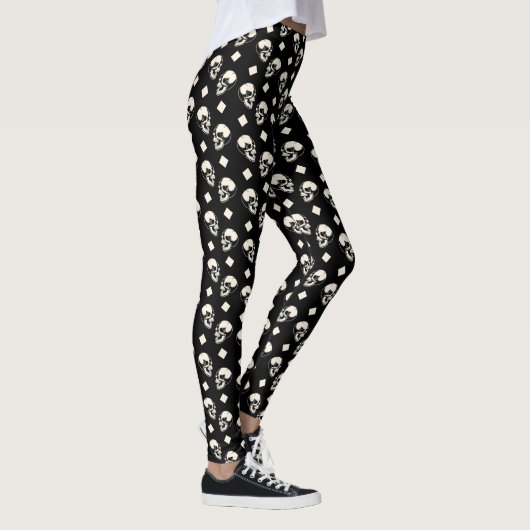 Skulls Diamond Pattern Black Halloween Leggings レギンス (右)