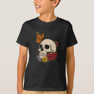 Skulls Monarch Butterfly Flowers Halloween Men Wom Tシャツ