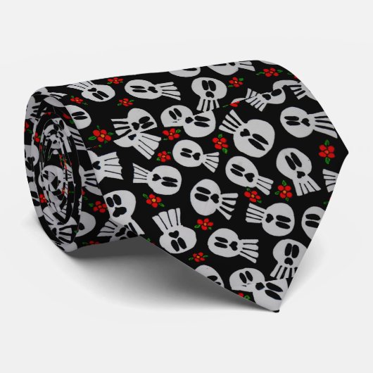 Skulls with red flowers - tie -corbata ネクタイ (ロール)