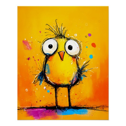 Skurriler gelber Vogel mit großen Augen Comic Stil ポスター (正面)