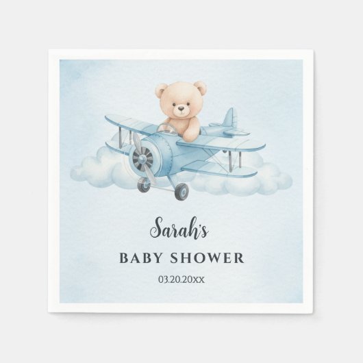 Sky Adventure Cute Teddy Bear Pilot Baby Shower スタンダードカクテルナプキン (正面)