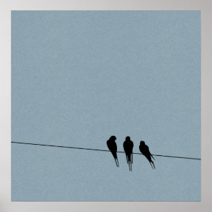 Sky Blackbirds Silhouette on Wire ポスター