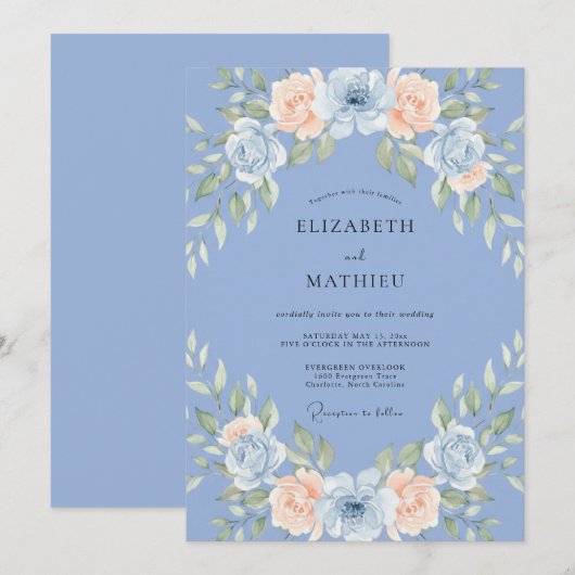 Sky Blue Airy Botanical Romantic Wedding 招待状 (正面/裏面)