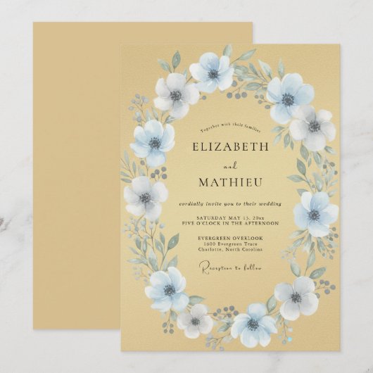 Sky Blue Bloom Garland Wedding 招待状 (正面/裏面)