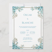 Sky Blue Blossom Elegant Gold Frame Wedding 招待状 (正面)