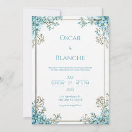 Sky Blue Blossom Elegant Gold Frame Wedding 招待状