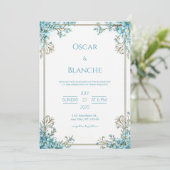 Sky Blue Blossom Elegant Gold Frame Wedding 招待状 (スタンド正面)
