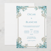 Sky Blue Blossom Elegant Gold Frame Wedding 招待状 (正面/裏面)