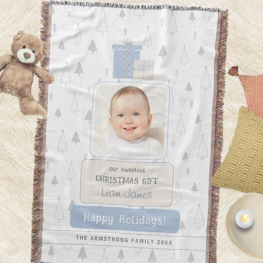 Sky Blue Boho Baby's 1st Photo Christmas スローブランケット