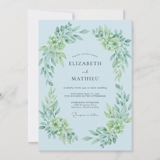 Sky Blue Botanical Arch Wedding 招待状 (正面)