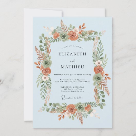 Sky Blue Botanical Wreath Wedding 招待状 (正面)
