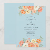 Sky Blue Charming Peach Floral Wedding 招待状 (正面/裏面)