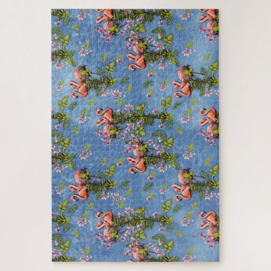 Sky blue cloudy and Flamingo's Repeat Print ジグソーパズル (縦)