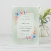 Sky Blue Coral Floral Romance Wedding 招待状 (スタンド正面)