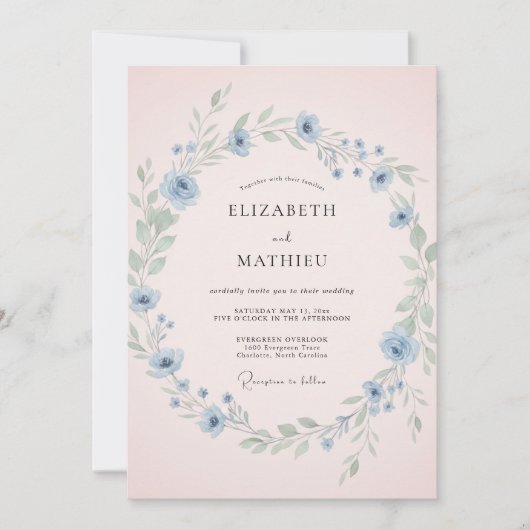 Sky Blue Dainty Blush Wildflower Wedding 招待状 (正面)