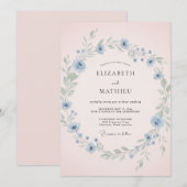 Sky Blue Dainty Blush Wildflower Wedding 招待状 (正面/裏面)