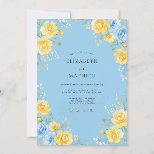 Sky Blue Floral Arrangement Wedding 招待状 (正面)