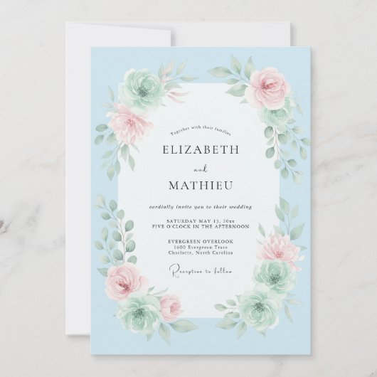 Sky Blue Floral Brushstroke Wedding 招待状 (正面)