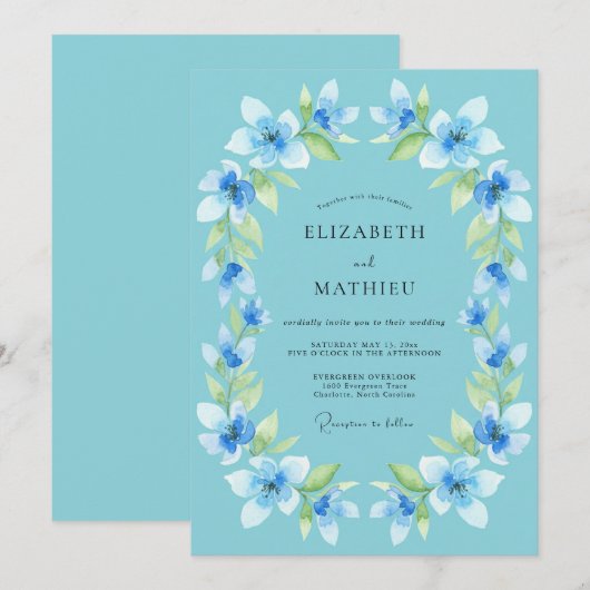 Sky Blue Floral Laurel Wedding 招待状 (正面/裏面)