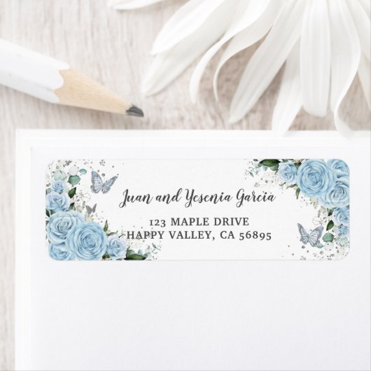 Sky Blue Floral Silver Quinceañera Return Address ラベル (インサイチュ)