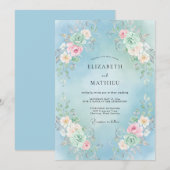 Sky Blue Floral Swirl Wedding 招待状 (正面/裏面)