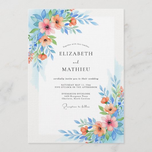 Sky Blue Floral Whimsy Wedding 招待状 (正面)