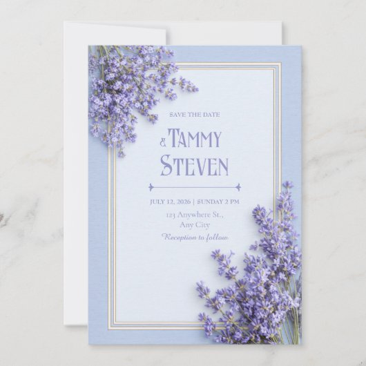 Sky Blue French Lavender Gold Frame Wedding 招待状 (正面)