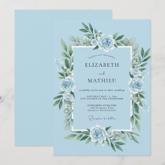 Sky Blue Lyrical Botanical Wedding 招待状 (正面/裏面)