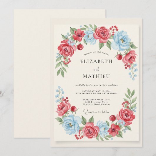 Sky Blue Red Vibrant Spring Wedding 招待状 (正面/裏面)