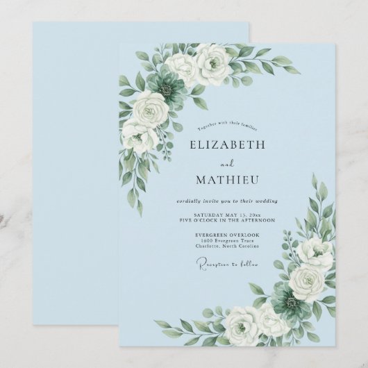 Sky Blue Refined Winter Wedding 招待状 (正面/裏面)