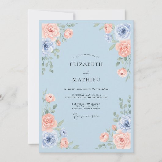 Sky Blue Serene Rose Wedding 招待状 (正面)