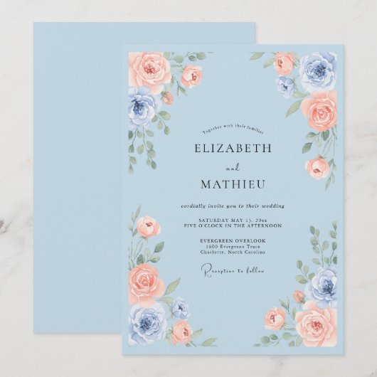 Sky Blue Serene Rose Wedding 招待状 (正面/裏面)