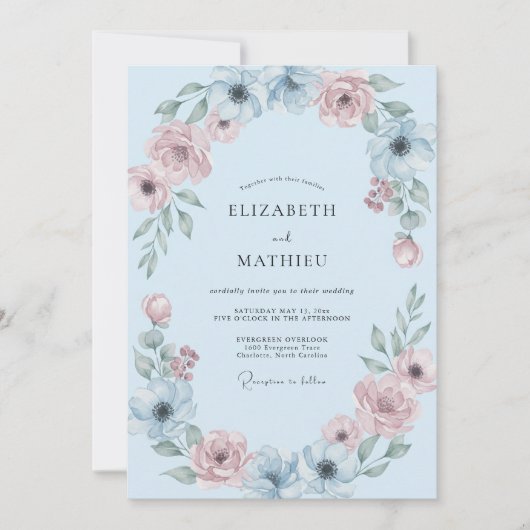 Sky Blue Soft Botanical Wedding 招待状 (正面)