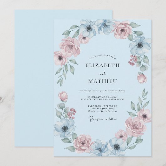 Sky Blue Soft Botanical Wedding 招待状 (正面/裏面)