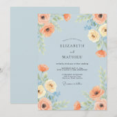 Sky Blue Vibrant Botanical Wedding 招待状 (正面/裏面)