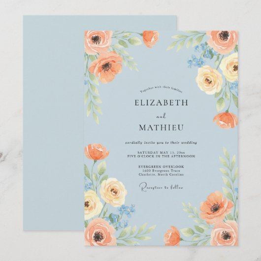 Sky Blue Vibrant Botanical Wedding 招待状 (正面/裏面)