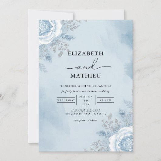 Sky Blue Watercolor Floral Wedding 招待状 (正面)