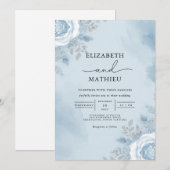 Sky Blue Watercolor Floral Wedding 招待状 (正面/裏面)