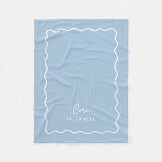 Sky Blue Wavy Border Monogrammed フリースブランケット (正面)