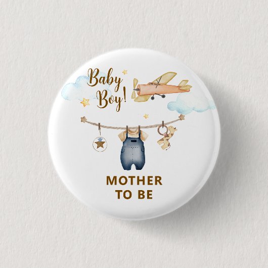 Sky Clothesline Airplane Mother To Be Baby Shower 缶バッジ (正面)