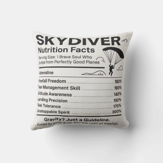 Skydiver Nutrition Facts Throw Pillow Gift for Sky クッション (裏面)