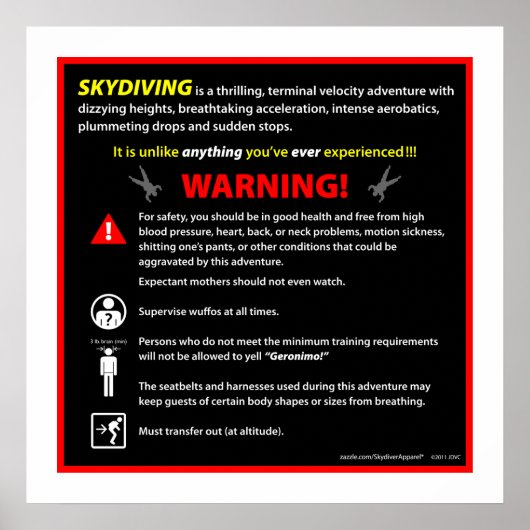 SKYDIVING Theme Park Warning Sign ポスター (正面)