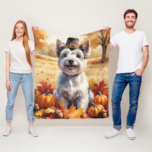Skye Terrierの紅葉感謝祭アート フリースブランケット (インサイチュ)