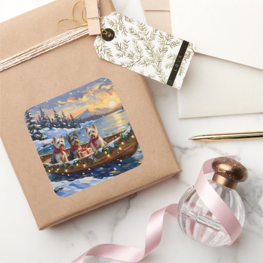 Skye Terrier Christmas Boat Holiday スクエアシール (ギフト)
