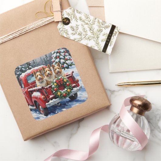Skye Terrier Christmas Red Truck Holiday スクエアシール (ギフト)